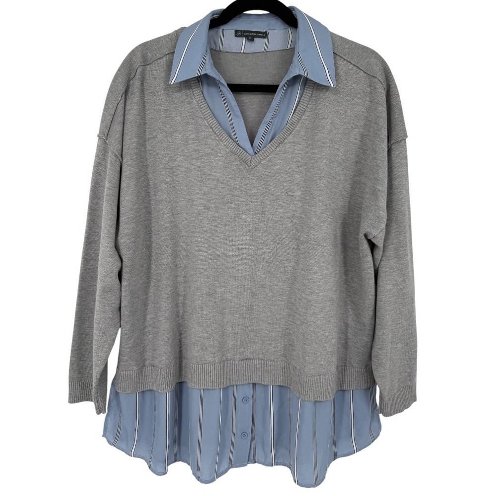 Adrianna Papell Womens 2-in-1 Mixed Media Layered Sweater Top Gray Blue Size 2X - Picture 4 of 14